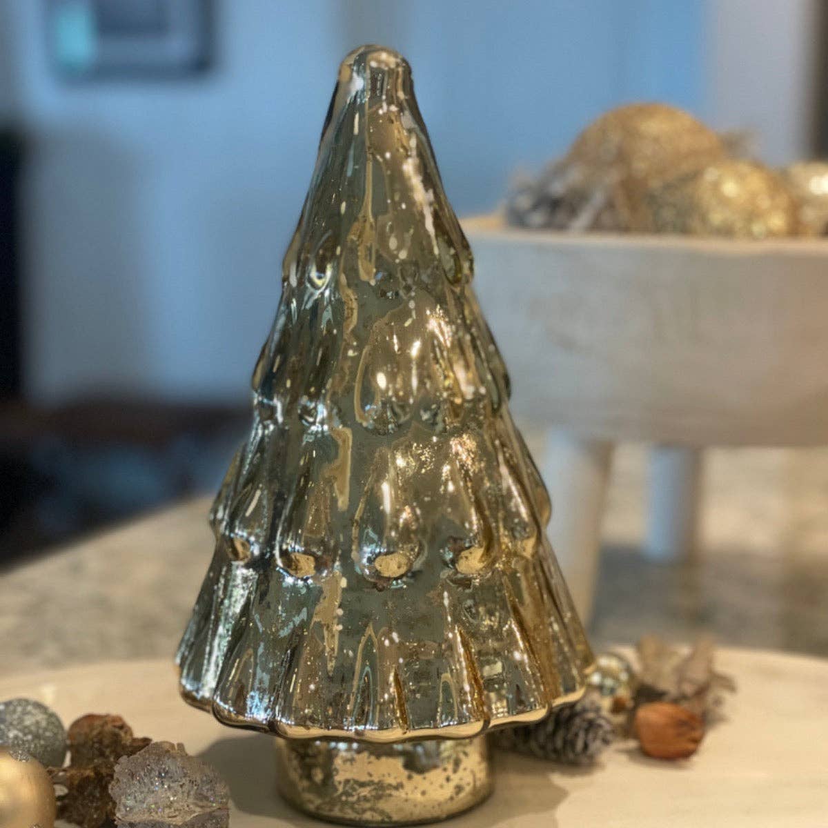 Med. Gold Christmas Mercury Glass Pine Tree