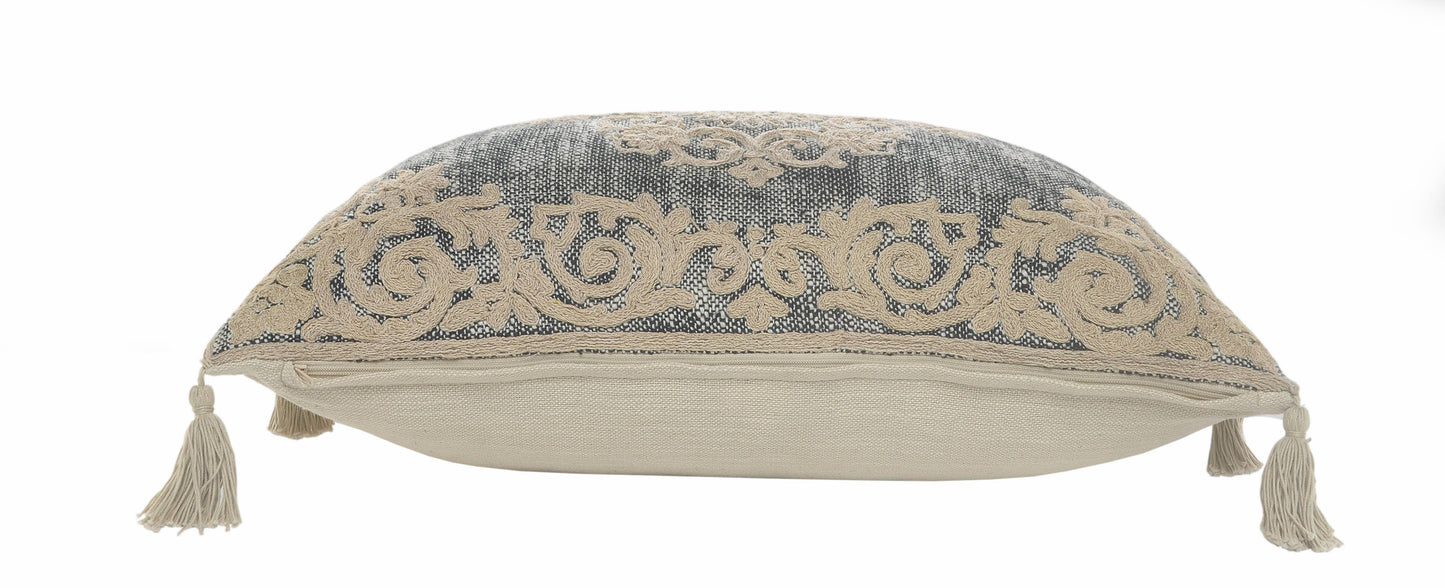 Medallion and Bordered Gray and Ivory Throw Pillow: Gray/Ivory / Poly Filled