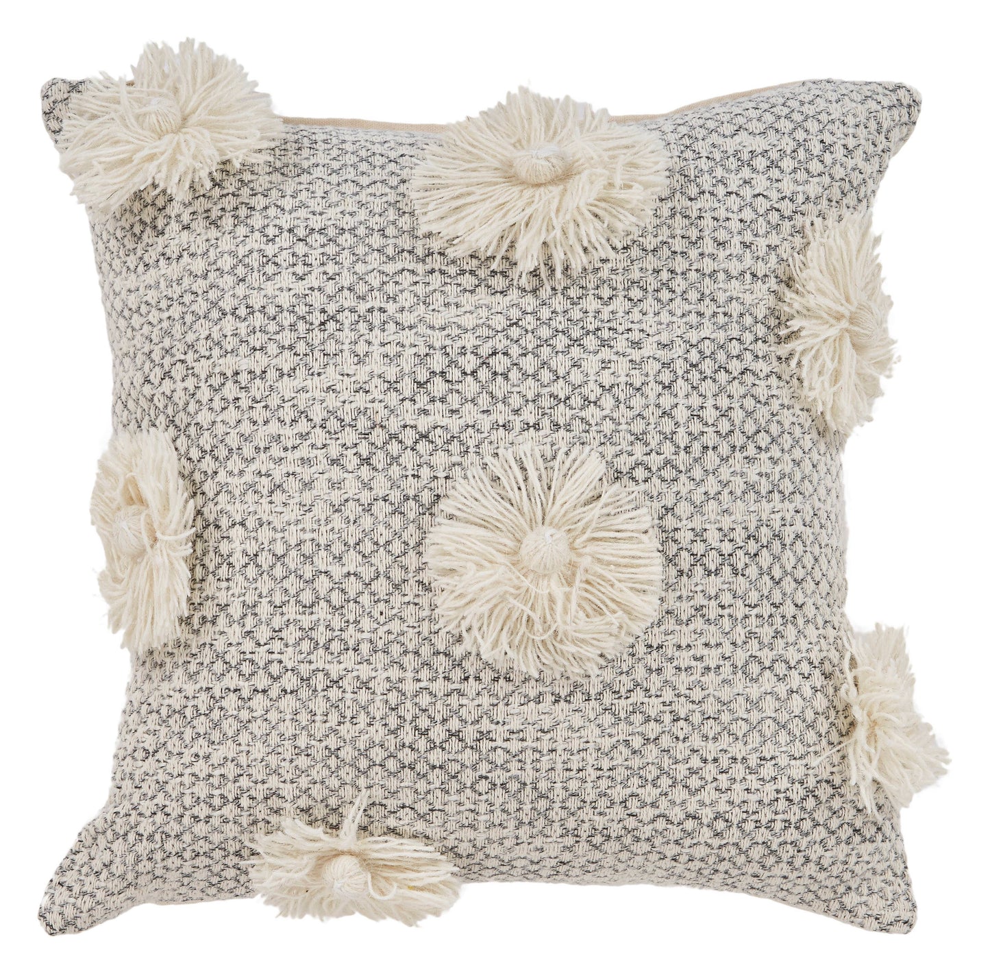 Willy Tassel Farmhouse Throw Pillow, Gray/White, 18" x 18": Gray/White / Poly Filled