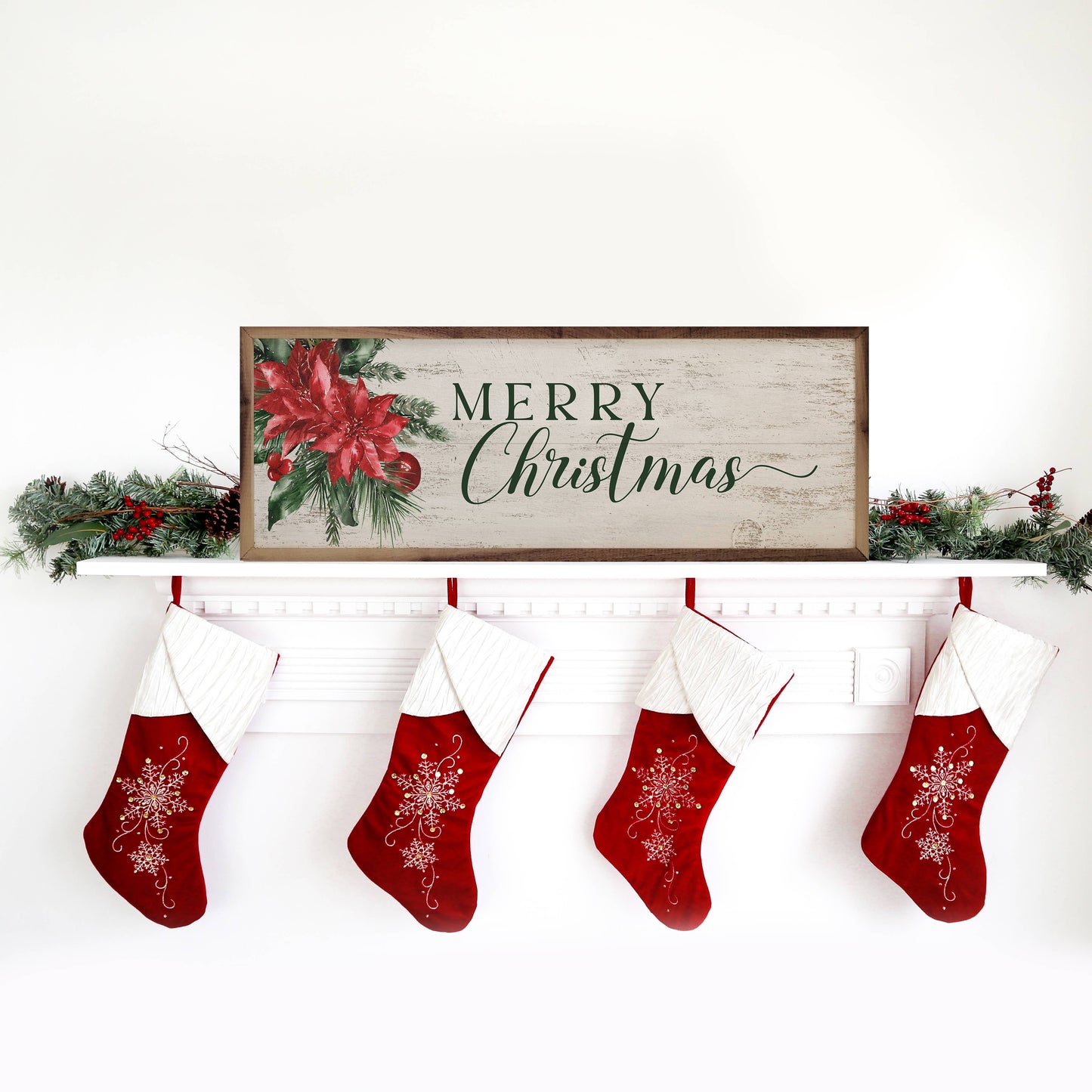 Merry Christmas Poinsetta Whitewash: 24 x 8 x 1.5