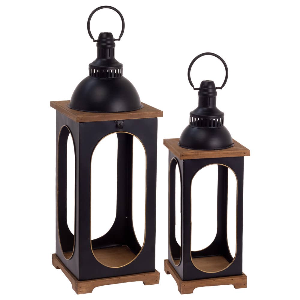 Metal Black Lantern W/Oval Gold Edges Set Of 2