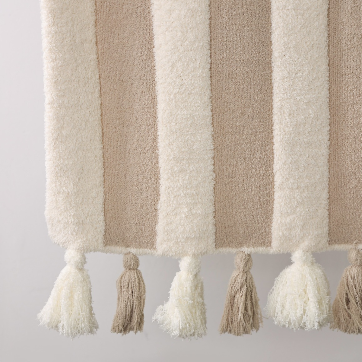 Striped Luxe Home Blanket with Tassels: Taupe/Cream