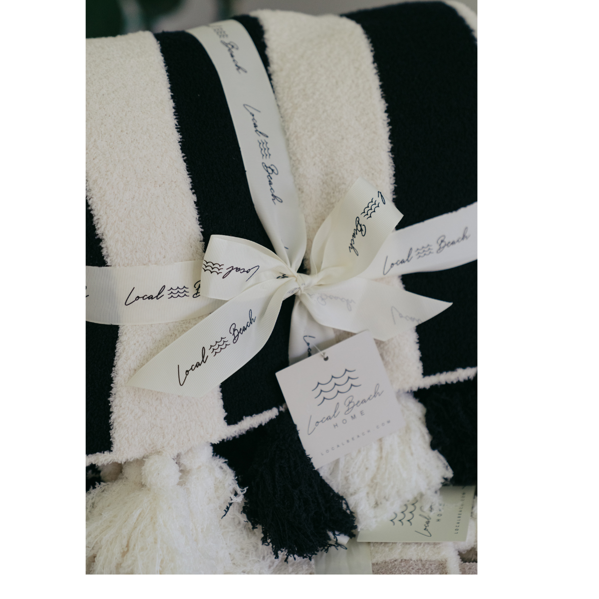 Striped Luxe Home Blanket with Tassels: Taupe/Cream