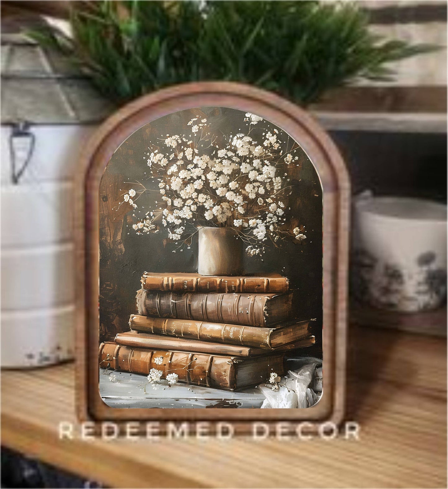 Arch Top Books With Flowers Framed Art: 6x8"