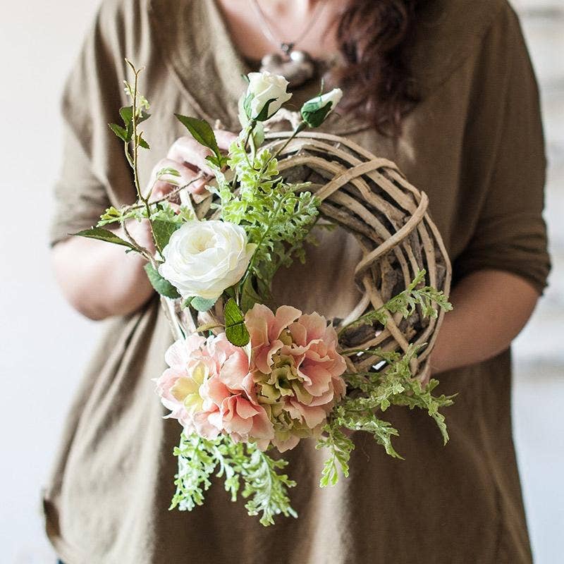 Wreath Pink Hydrangea White Rose on Rattan
