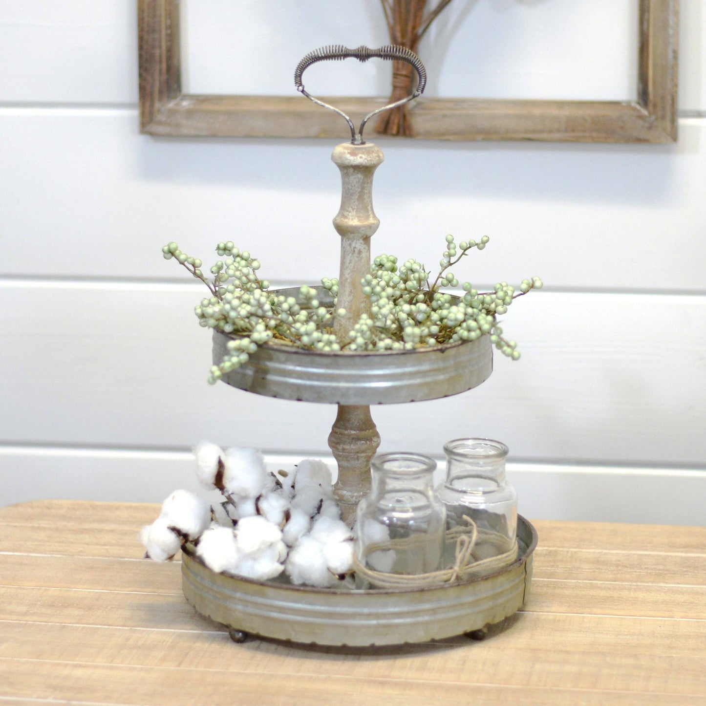 Metal 2-Tier Tray Round with Distressed Finish