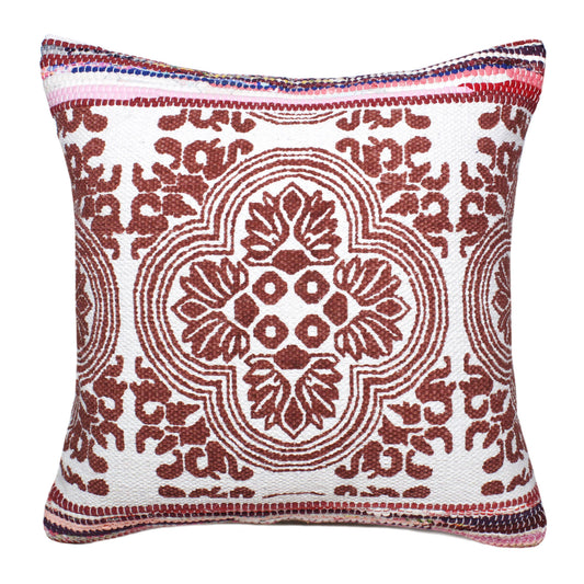 Boho Bordered Tessera Mosaic Textile Throw Pillow: Red/White/Multi / Poly Filled