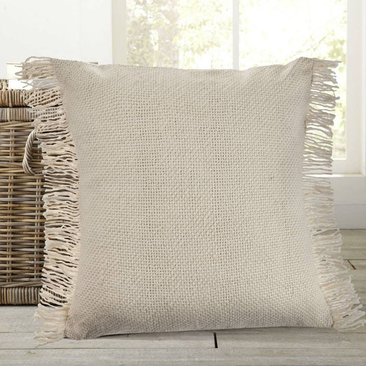 Handwoven Ivory Throw Pillow with Fringe: Poly Filled