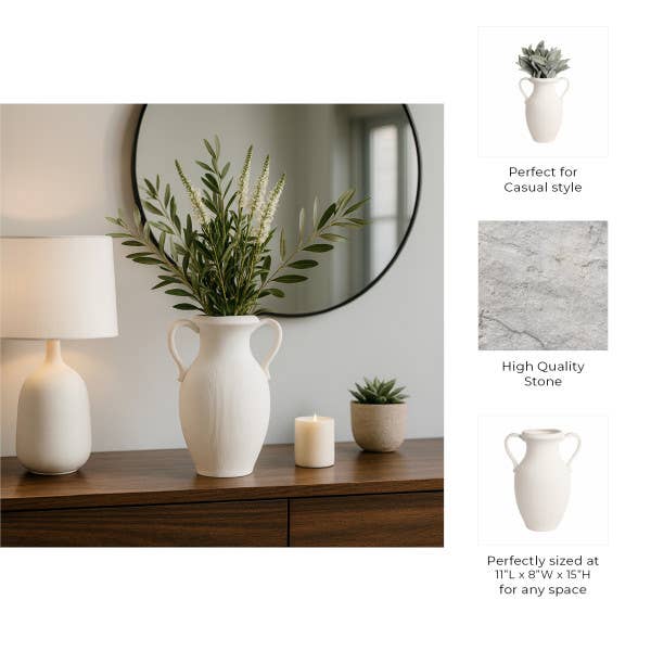 White 15 in. Stoneware Amphora Striped Weathered Jug