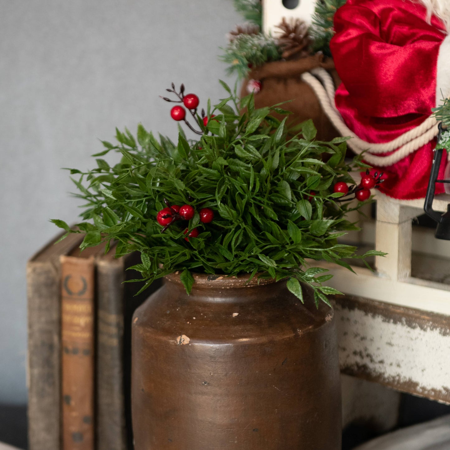 9" MEXICAN FERN HALF BALL W/ RED BERRIES