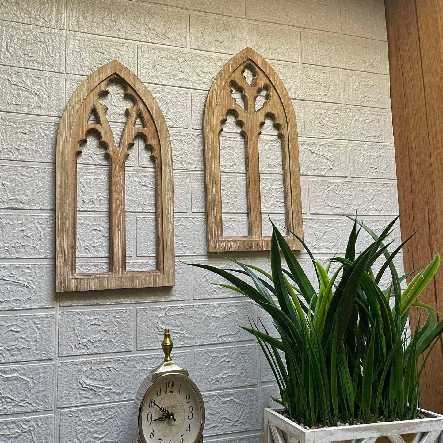 Set of 2 Washed Wood Gothic Arch Window Frame Wall Hangings : Black