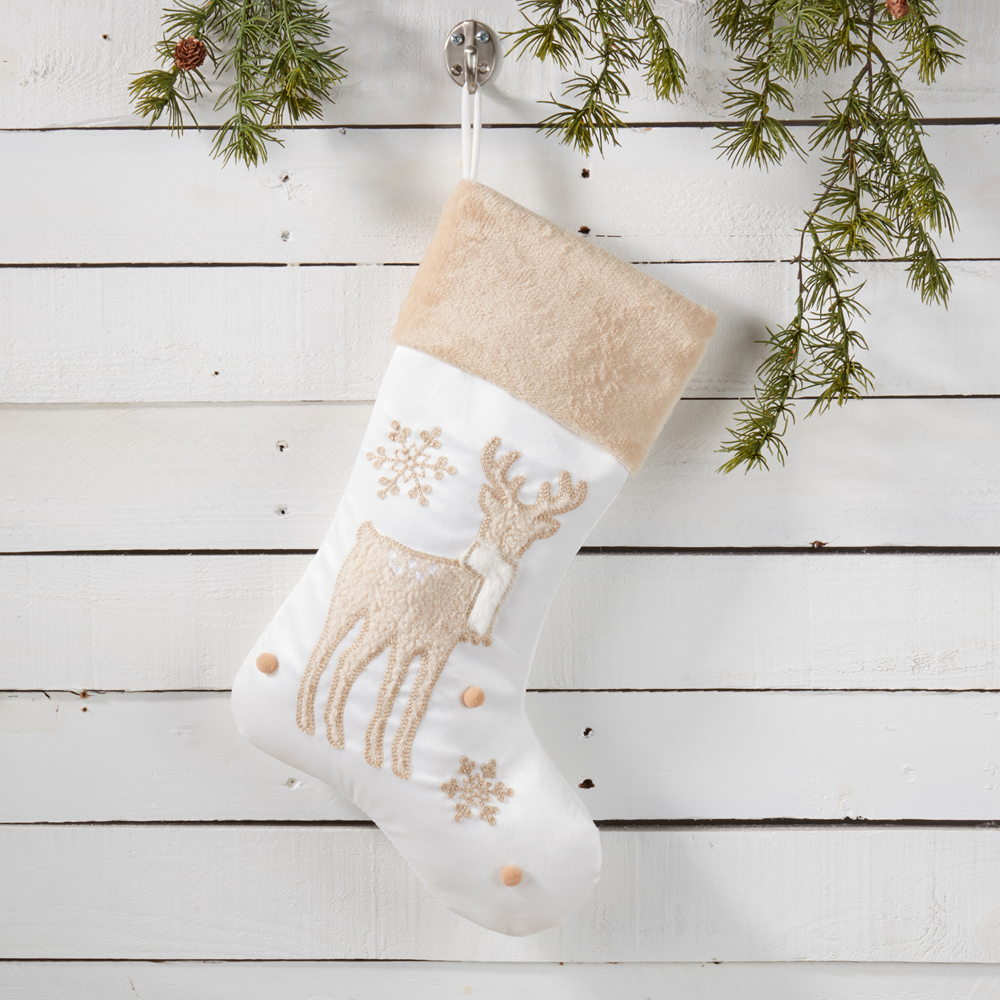Ivory Embroidered Reindeer Christmas Tree Stocking
