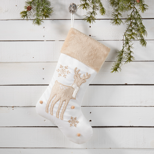 Ivory Embroidered Reindeer Christmas Tree Stocking
