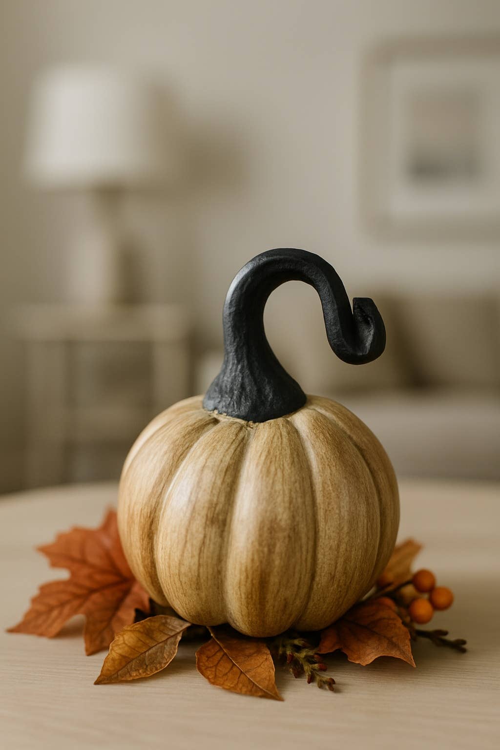 Natural Wooden Pumpkin with Aluminum Stem 3in