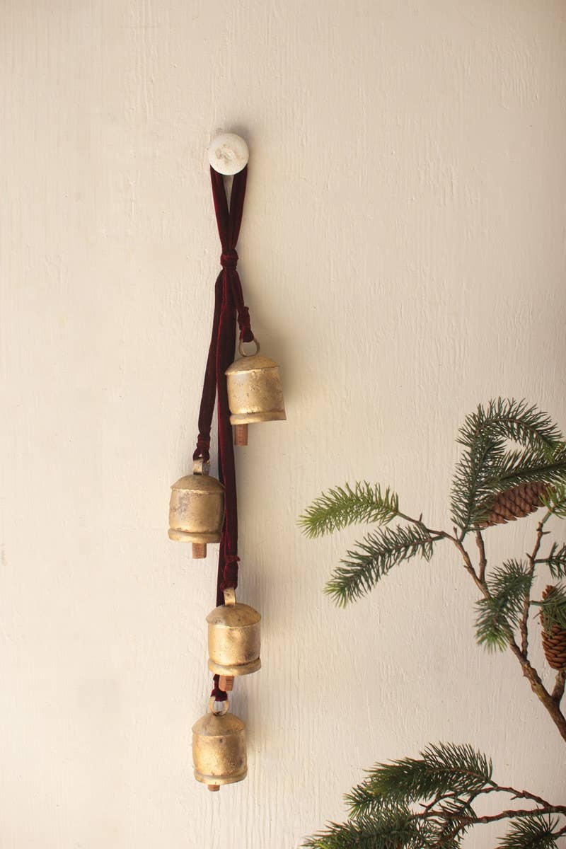 JINGLE BELL CLUSTER - MAROON VELVET RIBBON: Multi / Velvet/Metal / 28" long