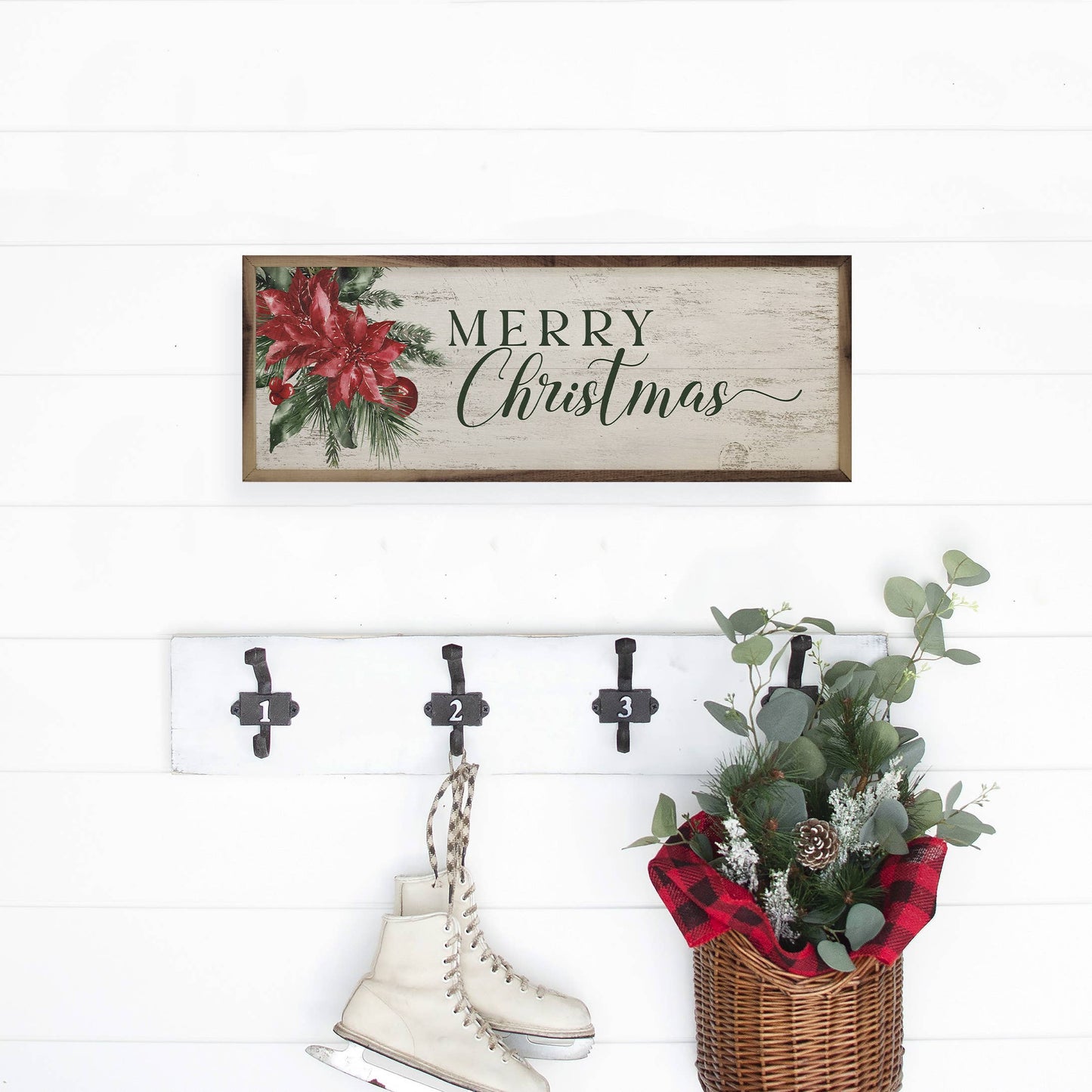 Merry Christmas Poinsetta Whitewash: 24 x 8 x 1.5