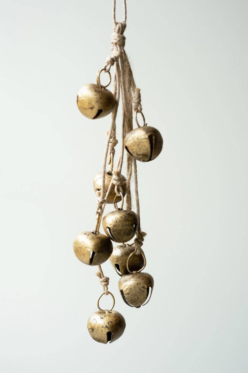 JINGLE BELL BUNCH ON A JUTE ROPE: Gold / Metal/Jute / 12" long