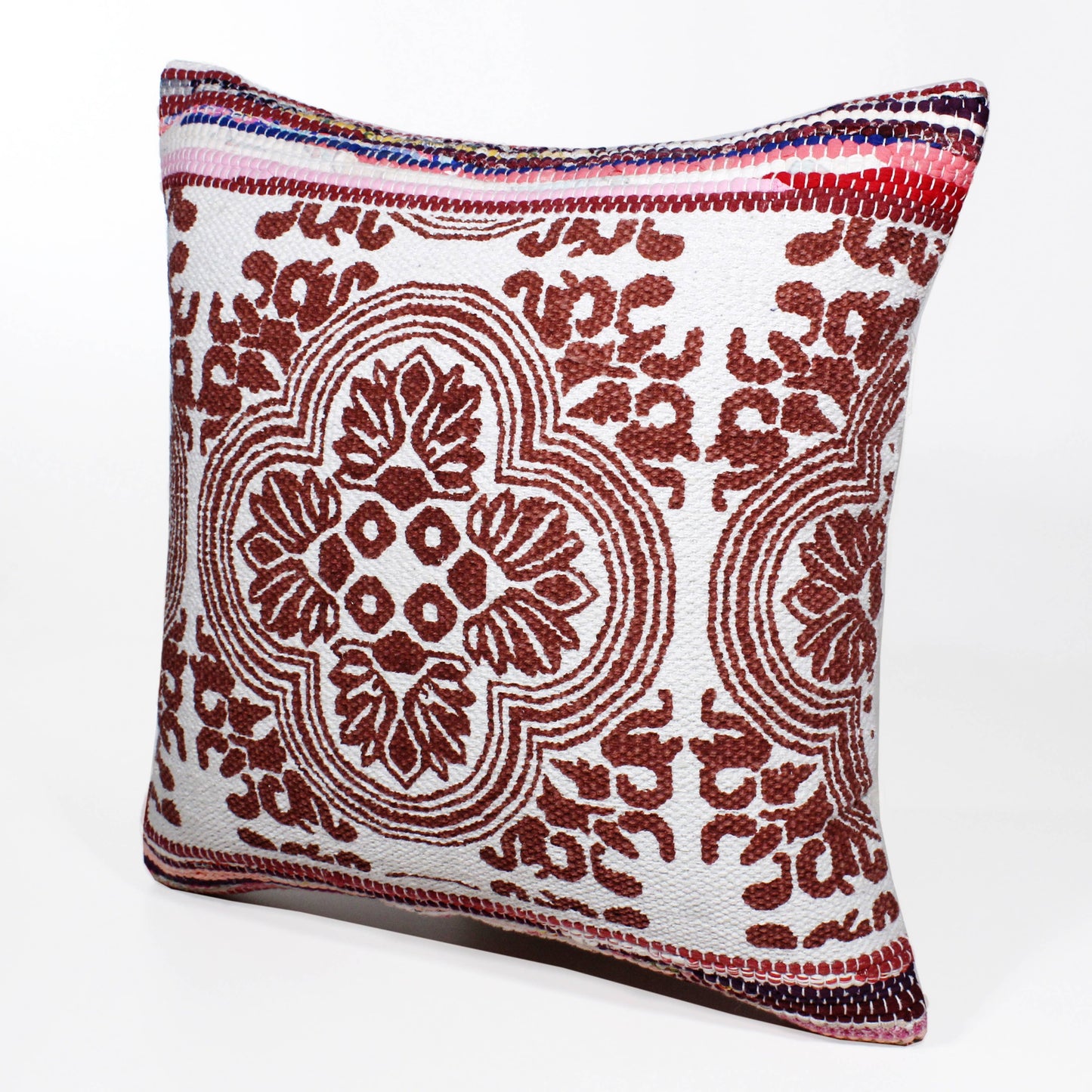 Boho Bordered Tessera Mosaic Textile Throw Pillow: Red/White/Multi / Poly Filled
