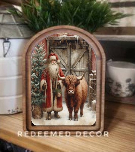Arch Top Highland Santa Red Framed Art: 8.25x11"