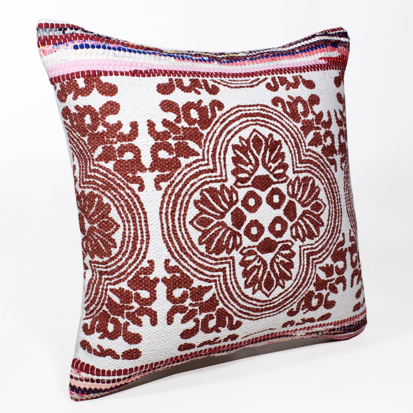 Boho Bordered Tessera Mosaic Textile Throw Pillow: Red/White/Multi / Poly Filled