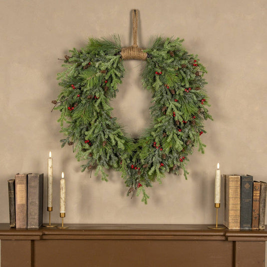 30" GLITTERED PINE & RED BERRY HANGING WREATH