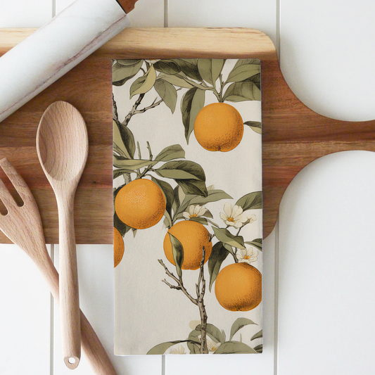 Vintage Oranges Kitchen Tea Towel: White • 100% Cotton