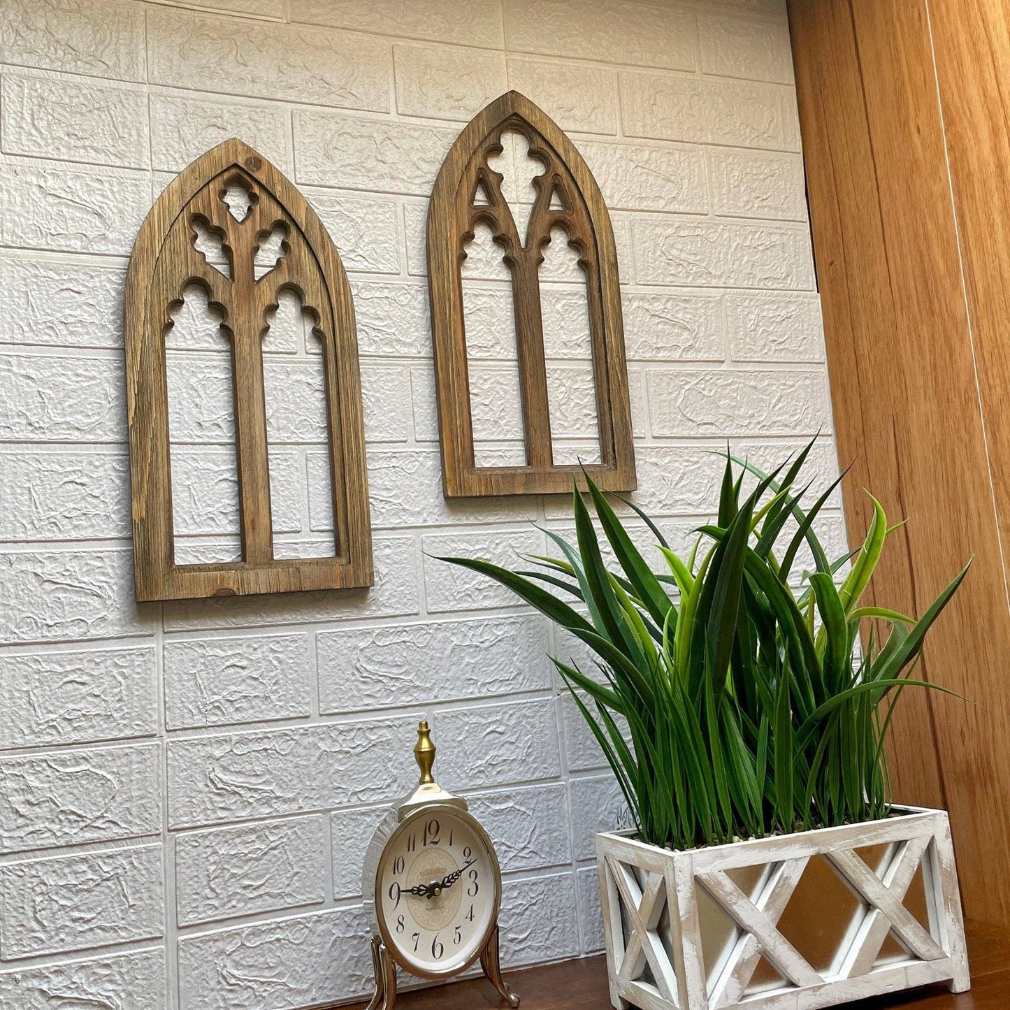 Set of 2 Washed Wood Gothic Arch Window Frame Wall Hangings : Black