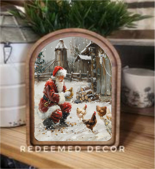 Arch Top Santa With Chickens Framed Art   : 6x8"