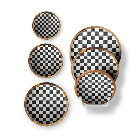 Black Check Set of 3 Decorative Round Trays