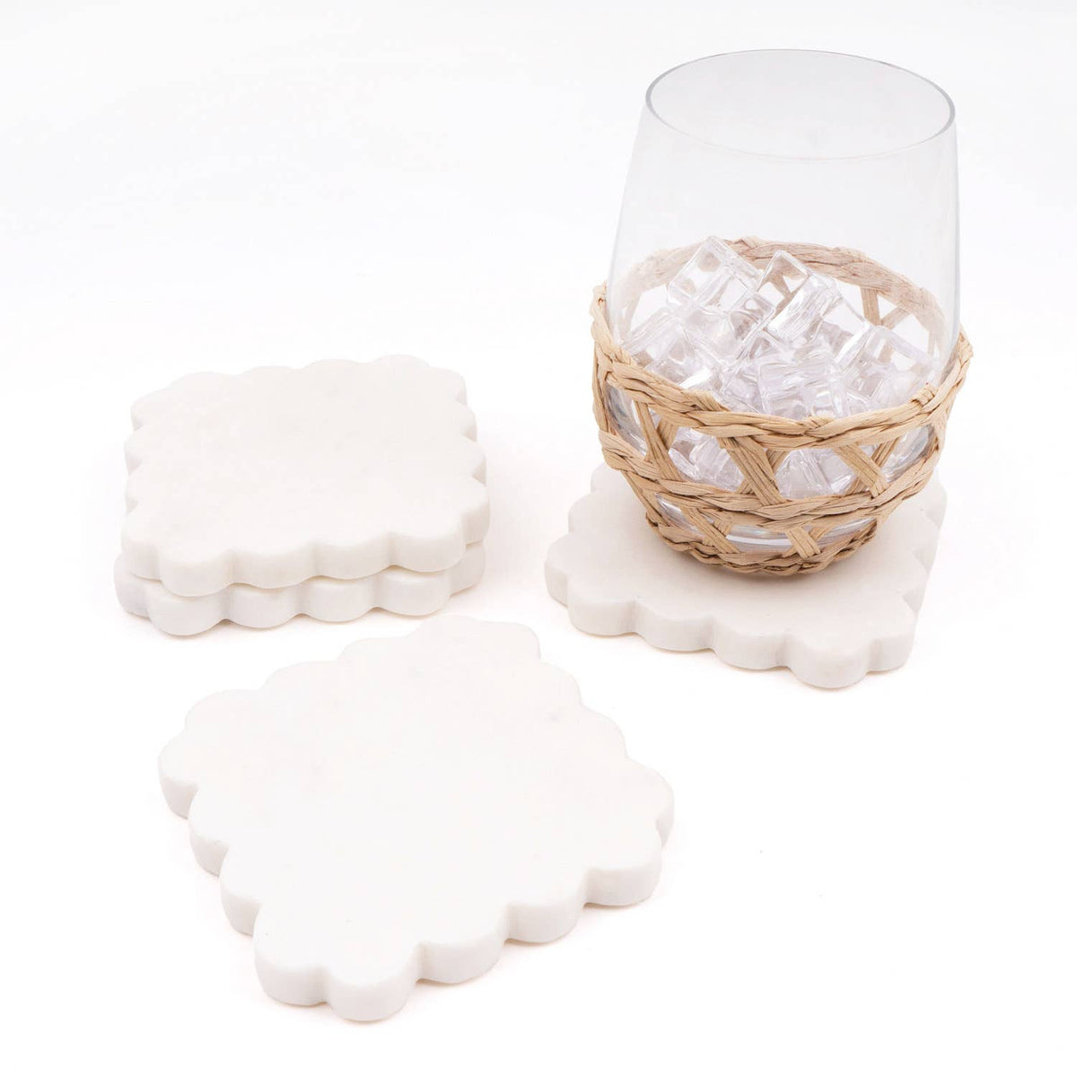 White Marble Scalloped Coaster Set, 4-Piece Set