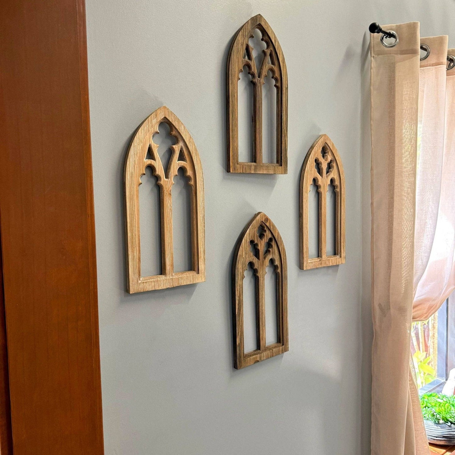 Set of 2 Washed Wood Gothic Arch Window Frame Wall Hangings : Black