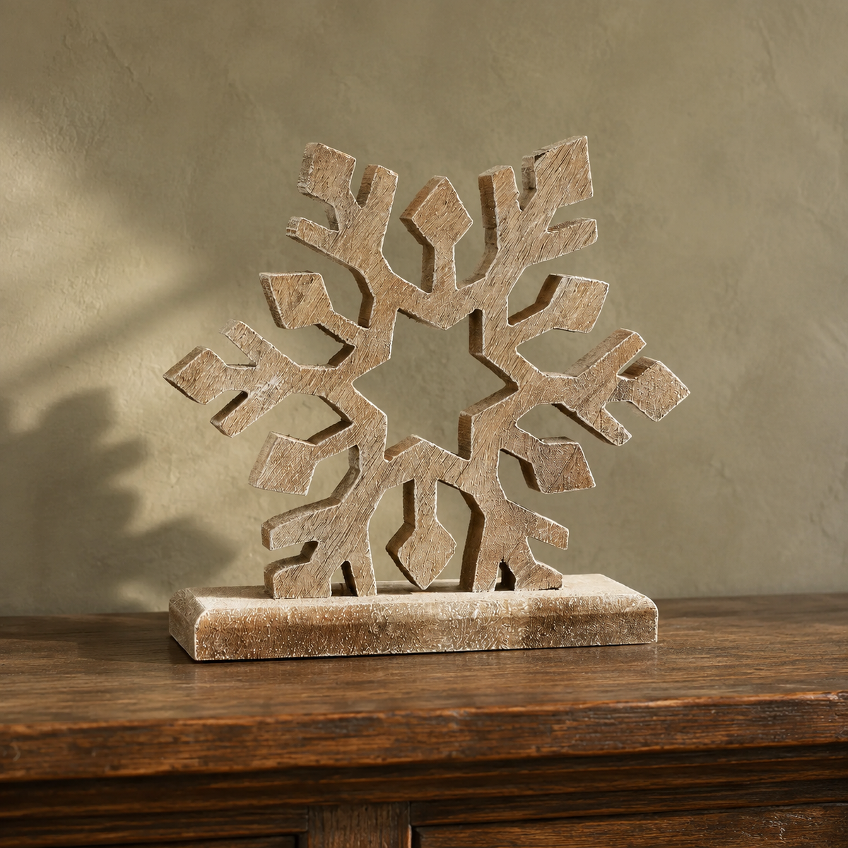 Wooden Snowflake Natural 7.5x8x2.5 Feathered Finish