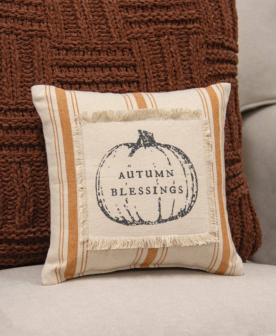 Autumn Blessings Orange Ticking Stripe Pillow, 10" Sq.