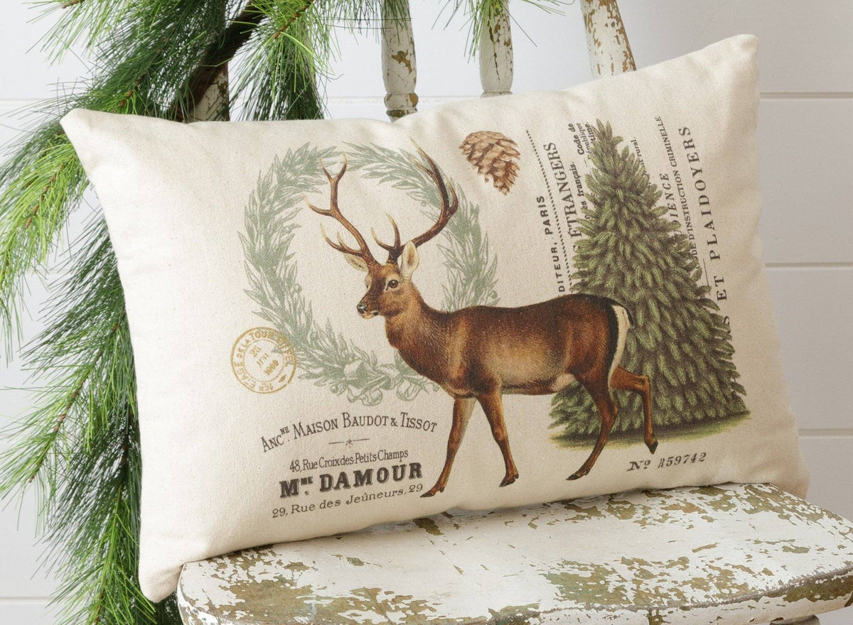 Vintage Woodland Winter Deer Pillow