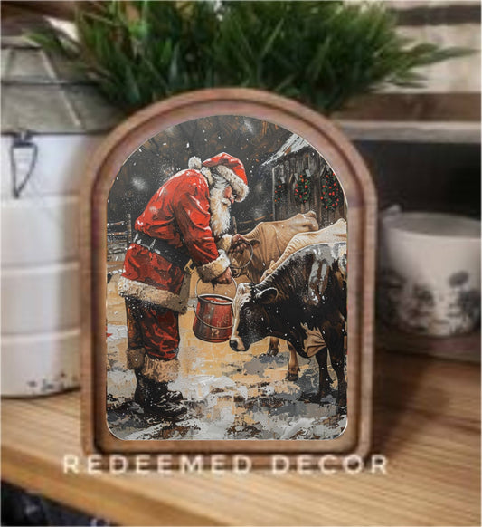 Arch Top Santa With Cows Framed Art : 8.25x11"