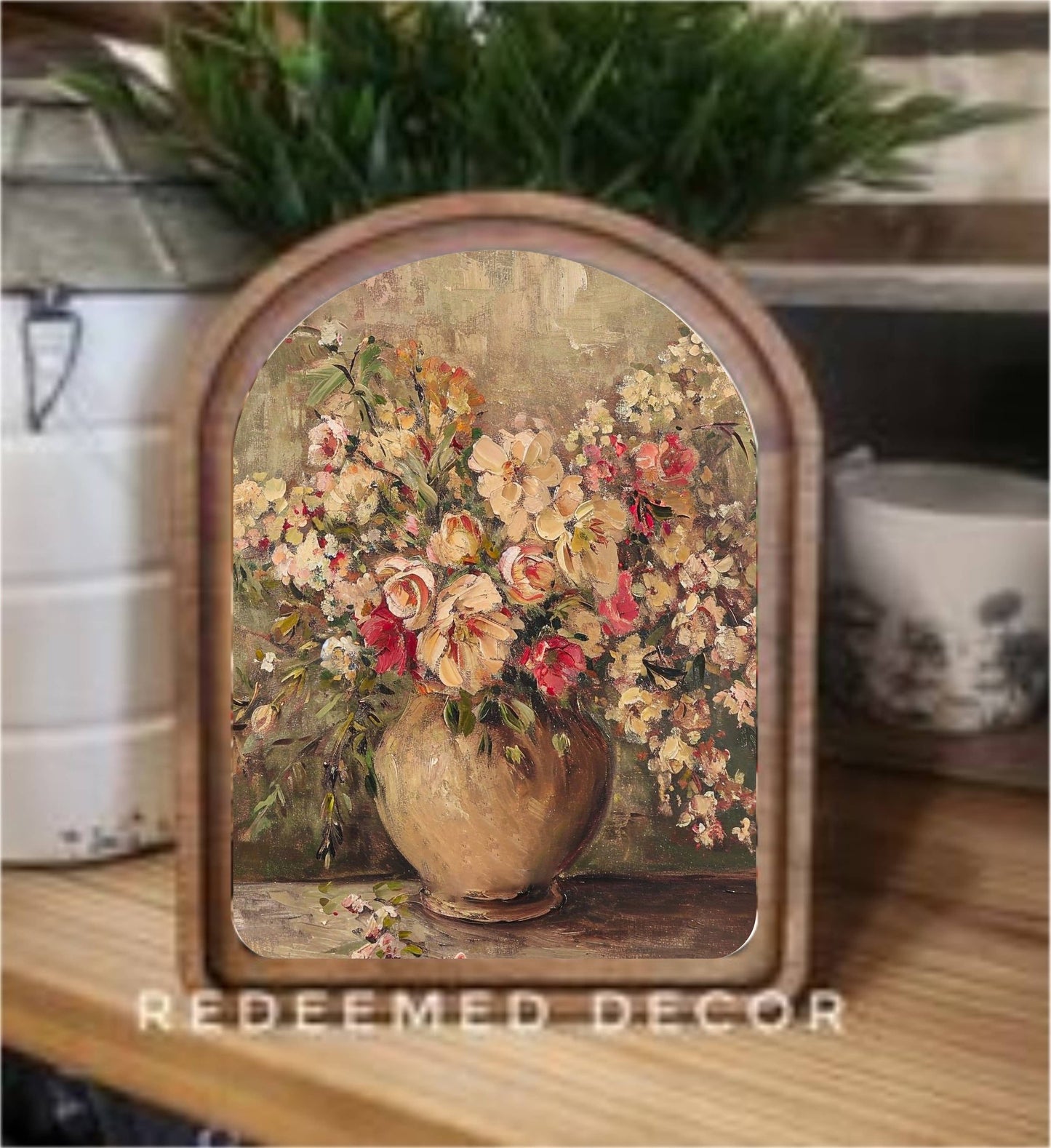 Arch Top Rustic Floral Vase Framed Art  : 6x8"
