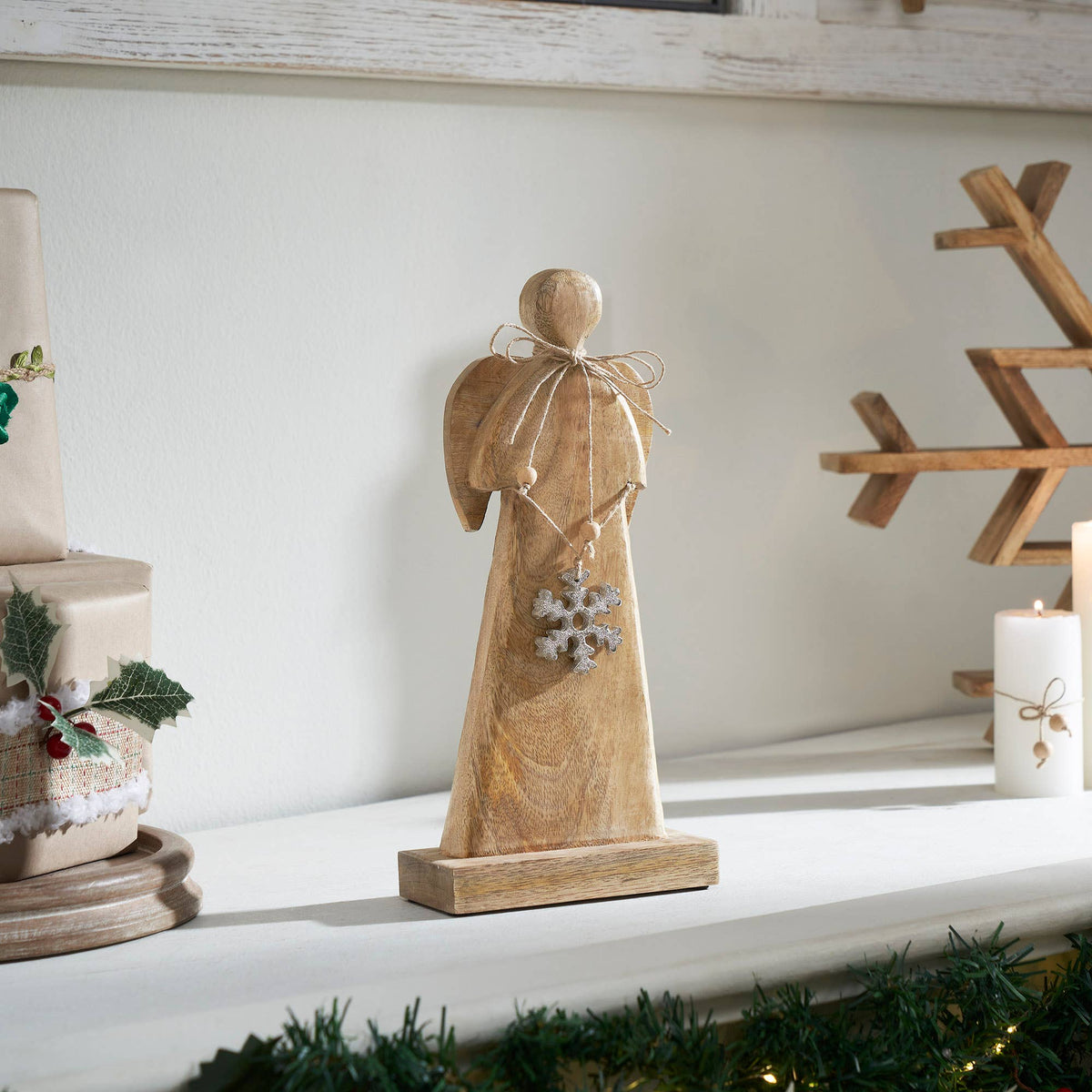 Wooden Christmas Angel w/ Snowflake Farmhouse Decor 12"