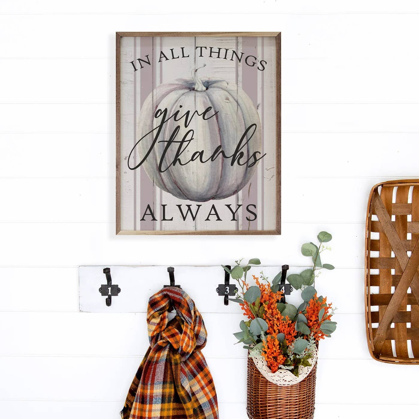 In All Things Give Thanks Pumpkin Stripe Whitewash: 8 x 10 x 1.5