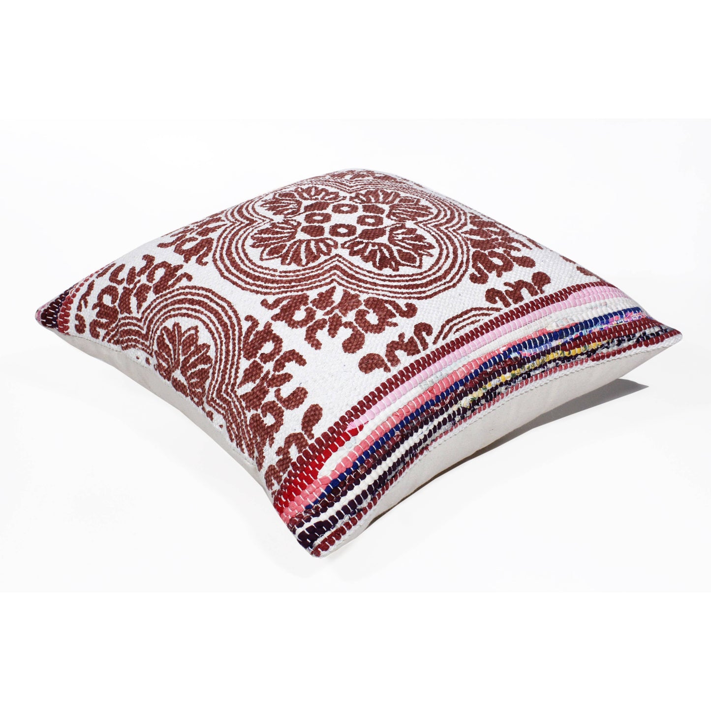 Boho Bordered Tessera Mosaic Textile Throw Pillow: Red/White/Multi / Poly Filled