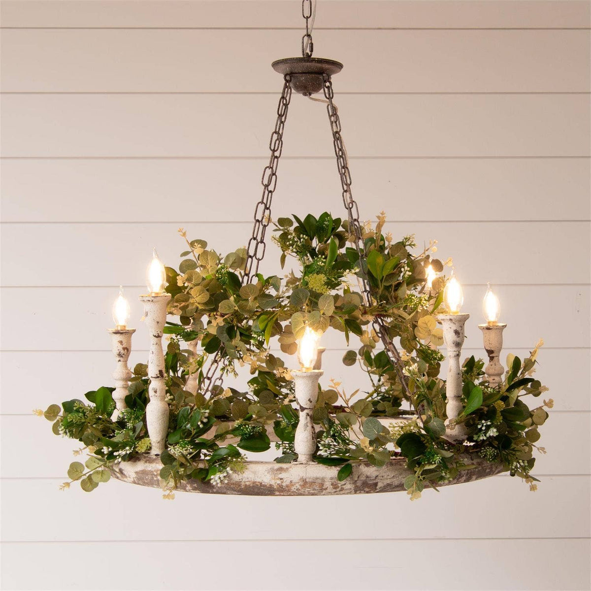 Distressed White 6-Light Wagon Wheel Chandelier (PC)