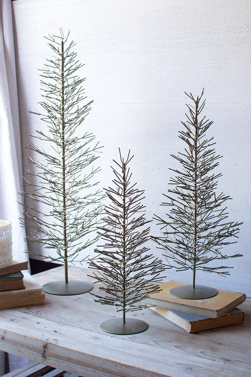 SET OF THREE ANTIQUE BRASS WIRE TREES: Gold / Wire / Large: 9"d x 30"t; Medium: 8"d x 20"t; Small: 6"d x 16"t