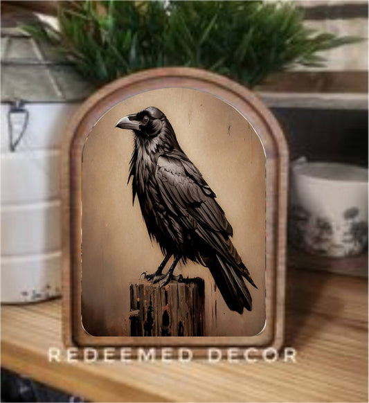 Arch Top Halloween Raven Framed Art : 6x8"