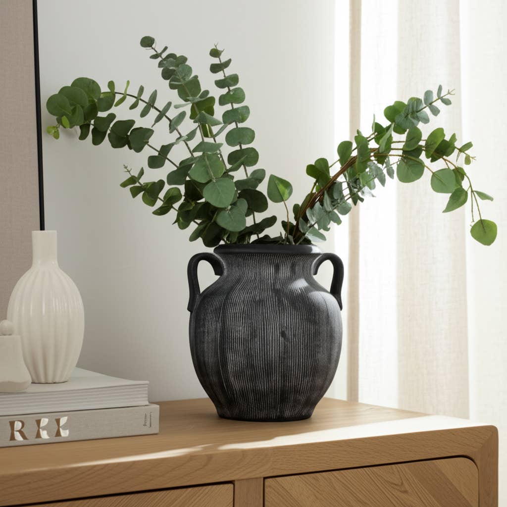 Ceramic Ribbed Texture Weathered Handle Vase - Black, 10 in.