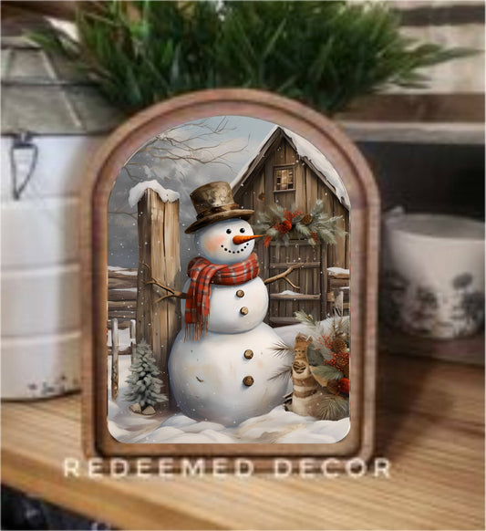 Arch Top Rustic Snowman Framed Art  : 6x8"