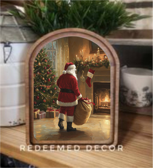 Arch Top Fireplace Santa Framed Art   : 8.25x11"