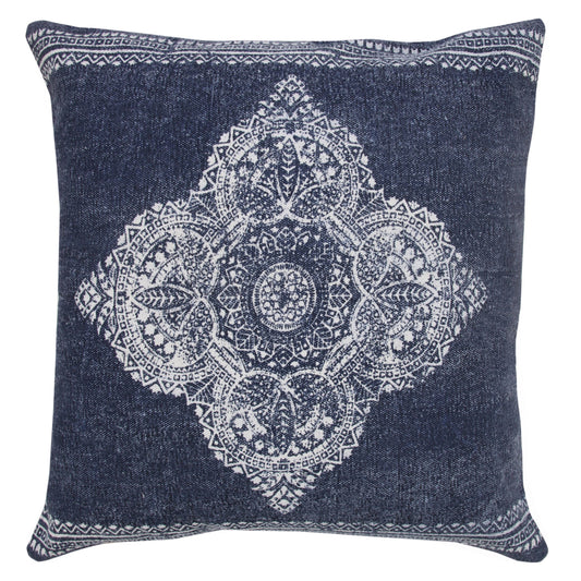 Fantasy Dark Blue Medallion Cotton Throw Pillow