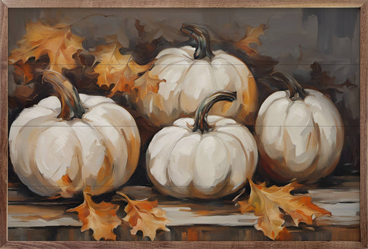 Four White Pumpkins With Leaves Black: 16x10