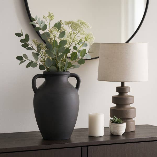 Ceramic Double Handles Decorative Vase - Black, 13 in.