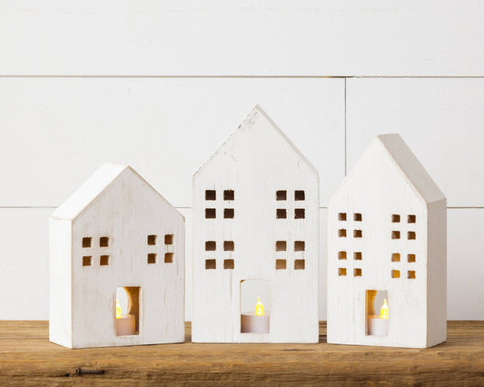 Whitewashed Wooden Houses (Set Of 03)