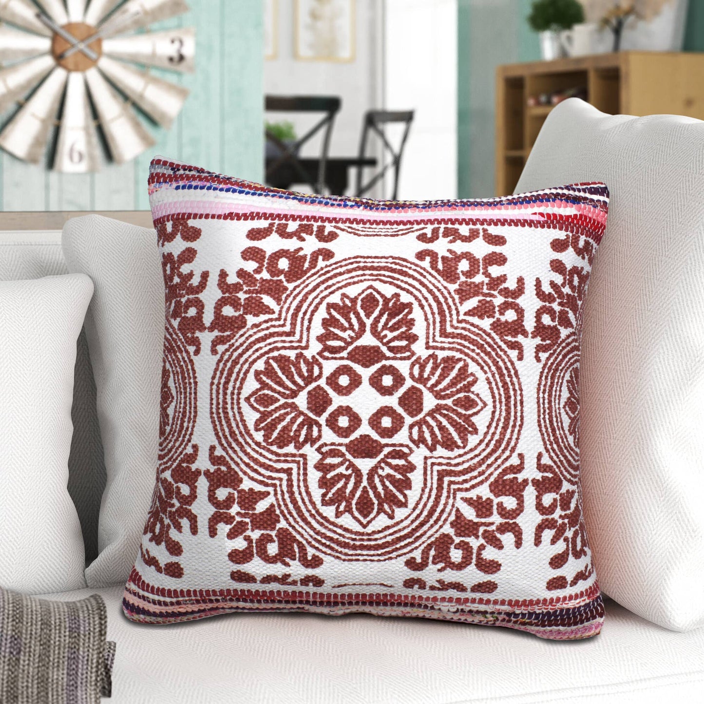 Boho Bordered Tessera Mosaic Textile Throw Pillow: Red/White/Multi / Poly Filled